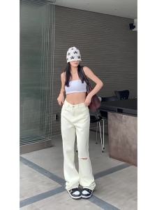 ali Quần Bò Màu Trắng Quần Ống Rộng Ống Đứng Khoét Lỗ Thời Trang Tôn Dáng Gầy Cạp Cao Dáng Nhỏ Mẫu Mới Mùa Xuân Thu Cho Nữ