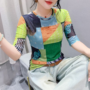 YIMEI เสื้อเชิ๊ตผู้หญิงแขนยาวปานกลางพิมพ์ลายเข้ารูปพอดีแฟชั่นใหม่เสื้อยืดผ้าตาข่าย2024ฤดูใบไม้ร่วง