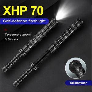 Telescopische Baton zelfverdediging Meest krachtige Led-zaklamp Xhp70 Tactische zaklamp 18650 Oplaadbare 4core verdediging Handlicht