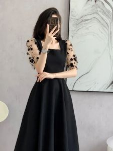 Elegant Large Size Womens Summer Dress with French Chic Style Black Tea Break Short Sleeve Long Skirt Slimming Effect
