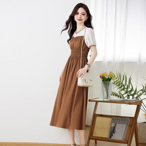 Elegant Slimming Midi Dress Womens Summer New Style Patchwork Bubble Sleeve High Waist A-Line Dress Casual Fashion Dress