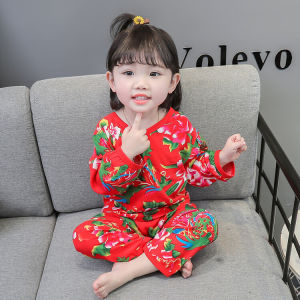 ชุดนอนเด็กผู้หญิงแขนยาวลายดอกไม้ขนาดใหญ่ ชุดอยู่บ้านฤดูใบไม้ผลิและฤดูใบไม้ร่วงสำหรับเด็กอายุ 1-6 ปี