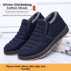 Mens Winter Cotton Shoes Fleece Lined Warm Snow Boots Soft Bottom Anti-Slip Slip-On Middle-Aged And Elderly Beijing Cloth Shoes Waterproof
