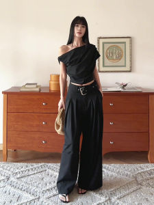 Black High Waist Straight Leg Pants And Asymmetrical Top Two Piece Set Fashionable Retro Design Summer 2025 Ladies Suit