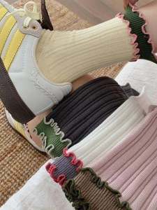 Spring Autumn Pure Cotton Mid-Calf Socks Womens Color Block Wood Grain Edge Double Layer Ruffle Wave Mouth Heart Embroidery Towel Bottom