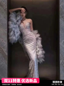 Wedding Dress Morning Robe Evening Gown Feathers Bride Dress Formal Party Hostess Long Skirt Strapless Polyester Korean Style