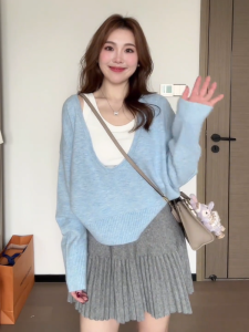 plus Size Womens V-Neck Knitted Sweater Strap Vest Mini Skirt Three-Piece Set Fashionable Autumn Wear for plus Size Ladies