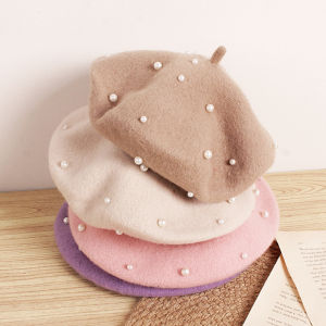 Wool Kids Winter Hat for Girls Retro Baby Beret Hats with Pearls Autumn Winter Kids Cap for Children Accessories 2-6Y