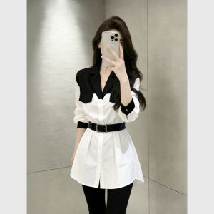 Black White Patchwork High-end Chic Youthful French Style Women Shirt