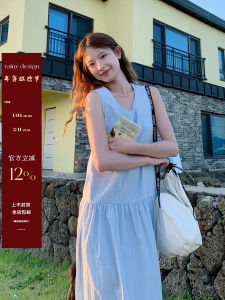 Rainy Casual Loose Drawstring Pocket Vest Dress Womens Simple round Neck Mid-Length Skirt Summer Soft Style No Sleeve Long Dress