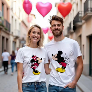 MINISO Disney Mickey และ Minnie พิมพ์คู่เสื้อยืดสําหรับผู้ชายผู้หญิงผ้าฝ้ายแขนสั้น O-คอ Tees ฤดูร้อน Casual เสื้อขนาดใหญ่