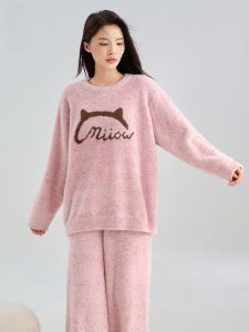 MiiOW | MiiOW 2024 Winter Womens Sleepwear Set Half Fleece Soft Anti-static Home Clothes Long Sleeve Round Neck Print Polyester Fiber