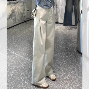 Spring Autumn Casual Pants Womens High Waist Straight Leggings Fashionable Pleated Slimming Wide Leg Pants Long Leg Effect