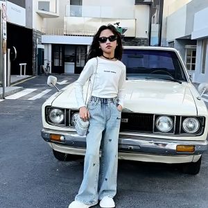 New Jeans Kids Girls 5-16years Wide Leg Trousers Denim Jeans Bow Embroidery Loose Pants Korean Style