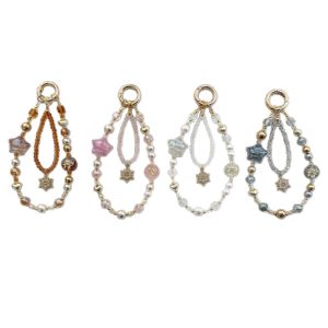 Light luxury oil painting pentagram bead alloy snowflake crystal keychain pendant double-layer pearl mobile phone chain