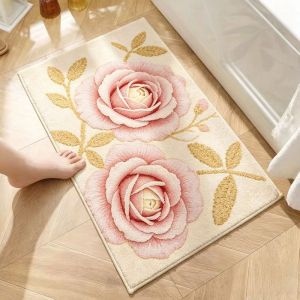 Thảm Tắm Hoa Hồng VIKAMA Màu Hồng Mềm Mại Chống Trơn Trượt Thấm Hút Thảm Phòng Tắm Họa Tiết Lá Vàng Thảm Sàn Phòng Tắm Phòng Ngủ - Thảm Trong Nhà