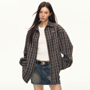 101PASSION Womens Plaid Shirt Casual Loose Fit Spring Autumn American Retro Style Versatile High-End Feeling Trendy Top