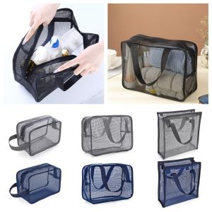 N33GVC3Q Grey Blue Mesh Shower Bag Mesh Quick Dry Handhold Storage Bag Durable Beach Bathroom Carry Tote Bathroom Shower Organizer