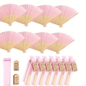 12Pcs Pink Bamboo Wood Folding Fan Set with Gift Bag Card Bridal Party Wedding Decor Photo Prop for Summer Events Bridesmaid
