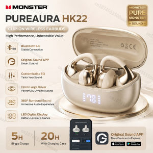 Monster | Monster HK22 Earclip Earbuds 360° Surround Sound Bluetooth 6.0 Earphone Custom EQ TWS Wireless Workout Clip on Ear Buds with APP