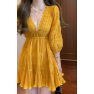 CHANGTONG | Korean French Style Yellow Dress