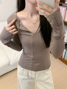 Modal V Neck Bottoming Shirt for Women Fall and Winter Inner Wear Stylish Fashion White Slim Fit Long-Sleeved T-shirt Bottoming Tops for Women
