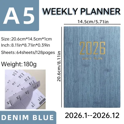 2026 A5 English Daily Planner Thin Weekly Calendar Notebook 365 Days Leather Surface Cross-Border Business Notebook