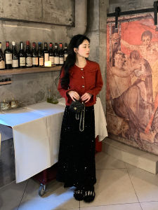 Chen Dayu Sequin A-Line Skirt High Waist Womens Autumn Winter Elegant Slimming Long Black Skirt Commute Korean Style