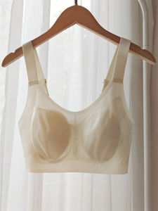 Ice Silk Wireless Bra Womens Large Chest Appears Small Thin Silk Rabbit Ear Cup Lace Underwear Fixed Strap U-Neck Nylon Fabric