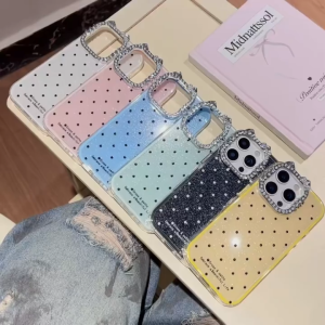 Full screen round wave dot 2-in-1 hard case for iPhone 11 12 13 14 15 16 Pro Max Anti drop protective cover for rhinestone lens frame for iPhone13 case casing