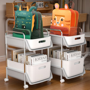 Two-Layer Book Bag Storage Rack Stand Childrens Desk underneath Book Storage Box Free-Standing Organizer Small Cart Bookcase