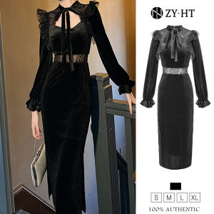 HT EraVogue เดรสผู้หญิง เดรสซีดำ เดรสแขนบาน เดรสกำมะหยี่ เดรสไฮโซ เดรสวินเทจ เดรสออกงาน เดรสปาร์ตี้ เดรสฝรั่งเศส 30694