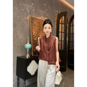 YUFUQING | เสื้อกั๊กผู้หญิงสไตล์จีนย้อนยุค สีสันสดใส แขนกุด ปกโปโล ทรงหลวม คอตั้ง ปกโปโล แขนกุด ปกโปโล