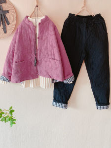 Áo Khoác Vải Lanh Cotton Dày Cài Nút Cổ Điển Ngắn Cho Nữ Mùa Thu Đông Quần Áo Cotton Vải Lanh Cotton Giữ Ấm