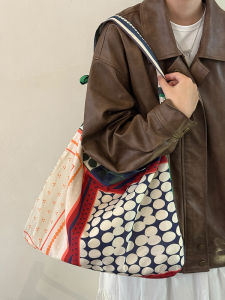 Retro Korean Polka Dot Canvas Tote Bag Womens Large Capacity Ethnic Style Single Shoulder Tot Bag Crossbody Bag