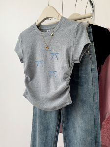 Gray Butterfly Knot Short Sleeve T-Shirt Womens Summer New Design Slim Fit Short Body Shirt Korean Style round Neck Top