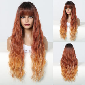 วิกผมหยิกยาวสีน้ำตาลอมส้มสำหรับผู้หญิงวิกผมคอสเพลย์หน้าม้าผมปลอมสำหรับปาร์ตี้ฮาโลวีนทนความร้อน