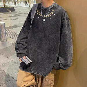 เสื้อยืดแขนยาวผู้ชายสไตล์อเมริกัน สไตล์ฤดูใบไม้ผลิและฤดูใบไม้ร่วง ทรงหลวมๆ ทรงพอดีตัว เสื้อผ้าผู้ชาย ใส่สบาย ผ้าฝ้ายแท้