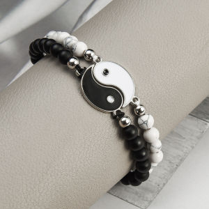 【♡Lovely girls house♡】2 Pcs Tai Chi Friendship Necklace Rings Couple Bracelet for Lover Trendy Lucky Charm Bracelet for Women Men Couple Valentine Gift