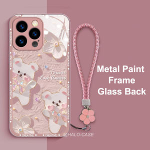 Samsung S23 Ultra Ốp S24ultra S23fe Kim Loại Sơn Khung Thủy Tinh Lỏng Tấm Ốp Ốp điện thoại Với dây đeo tay S22ultra A54 A14 A34 【Tranh Sơn Dầu Gấu 】