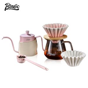 BINCOO Pink Dripper Set Pour-Over Coffee Set Glass Sharing Pot Set with Ceramic Filter Cup and Coffee Grinder Coffee Equipment Set