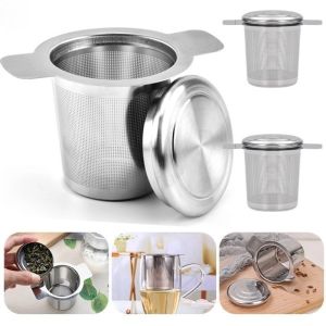 Double Handles Tea Infuser with Lid Stainless Steel Fine Mesh Coffee Filter Teapot Cup Hanging Loose Leaf Tea Strainer Kitchen Supplies