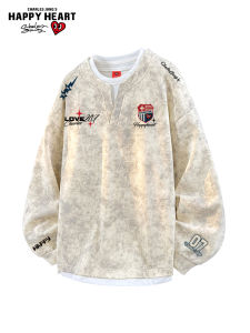 CHARLES JANGS HAPPY HEART | Couples Heart Letter Print False Two-Piece Round Neck Sweater