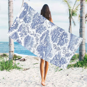 BILIBILI | Blue Country Toile De Jouy Quick Drying Microfiber Beach Towel Lightweight for Swimming Camping Yoga - Bath Towel