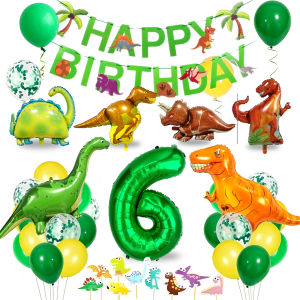 Dinosaur Birthday Party Supplies for Kids Age 2-6 Foil Balloons Set with Banner Cake Topper Decorations Kit (Boys & Girls)