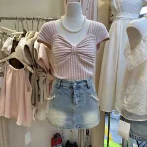 South Korea Dongdaemun 2024 Summer Clothing New Arrival K-style Slim-Fit Bow Design Sweet Elegant Slim Fit Versatile Top