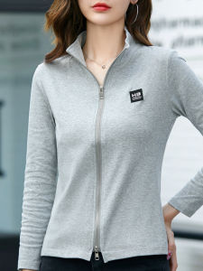 เสื้อสเวตเตอร์คอปกตั้งแขนยาวผ้าฝ้ายแท้ฤดูใบไม้ร่วงสำหรับผู้หญิง เสื้อคลุมคาร์ดิแกนแบบมีซิปบาง เสื้อคลุมกีฬา เสื้อคลุมกันหนาว เสื้อคลุมกันหนาว