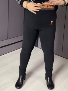 Fall Korean plus Size Womens Black Fleece Lined Elastic Cat Letter Long Pants Slimming Casual Versatile Trendy Elastic Waist