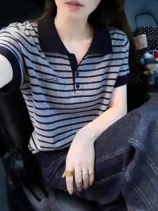 Slimming Colorful Stripes Polo Collar T-Shirt