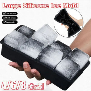 4/6/8 ช่อง กล่องแม่พิมพ์ถาดทำน้ำแข็งขนาดใหญ่ / แม่พิมพ์ถาดทำน้ำแข็งสี่เหลี่ยมซิลิโคนเกรดอาหาร / โมเดลเครื่องทำน้ำแข็งแบบบล็อกสำหรับวิสกี้ เครื่องดื่ม กาแฟเย็น